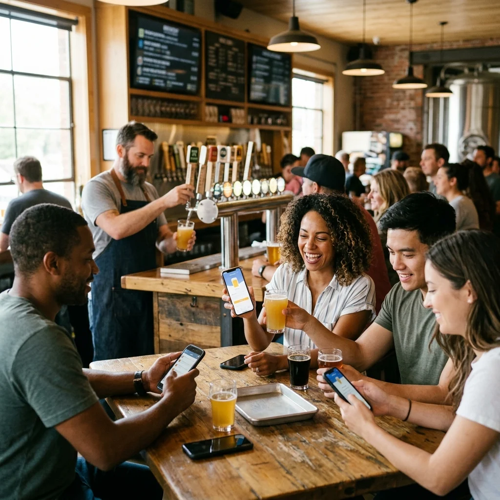 A craft beer taproom with people checking in